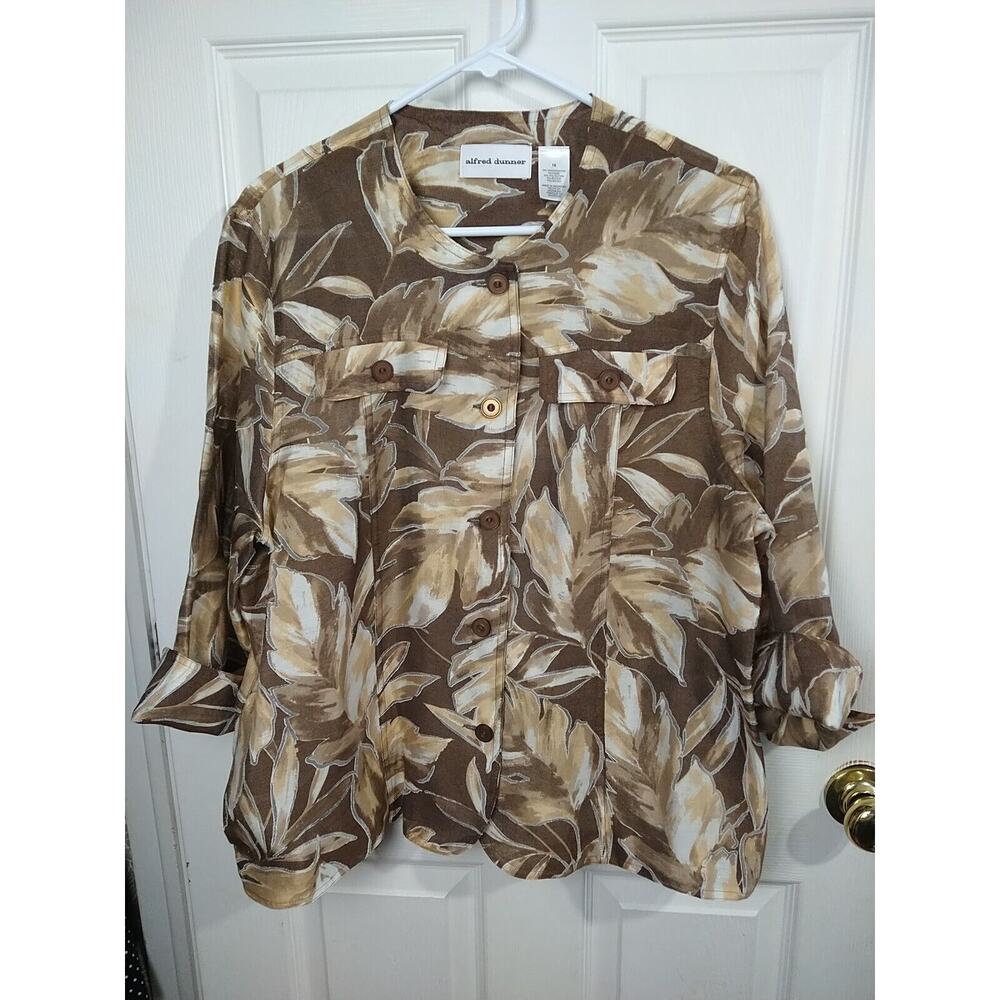 Alfred Dunner Woman 16 Blazer Brown Leaf Semi Sheer Slit Fold 3/4 Sleeve Cuff...